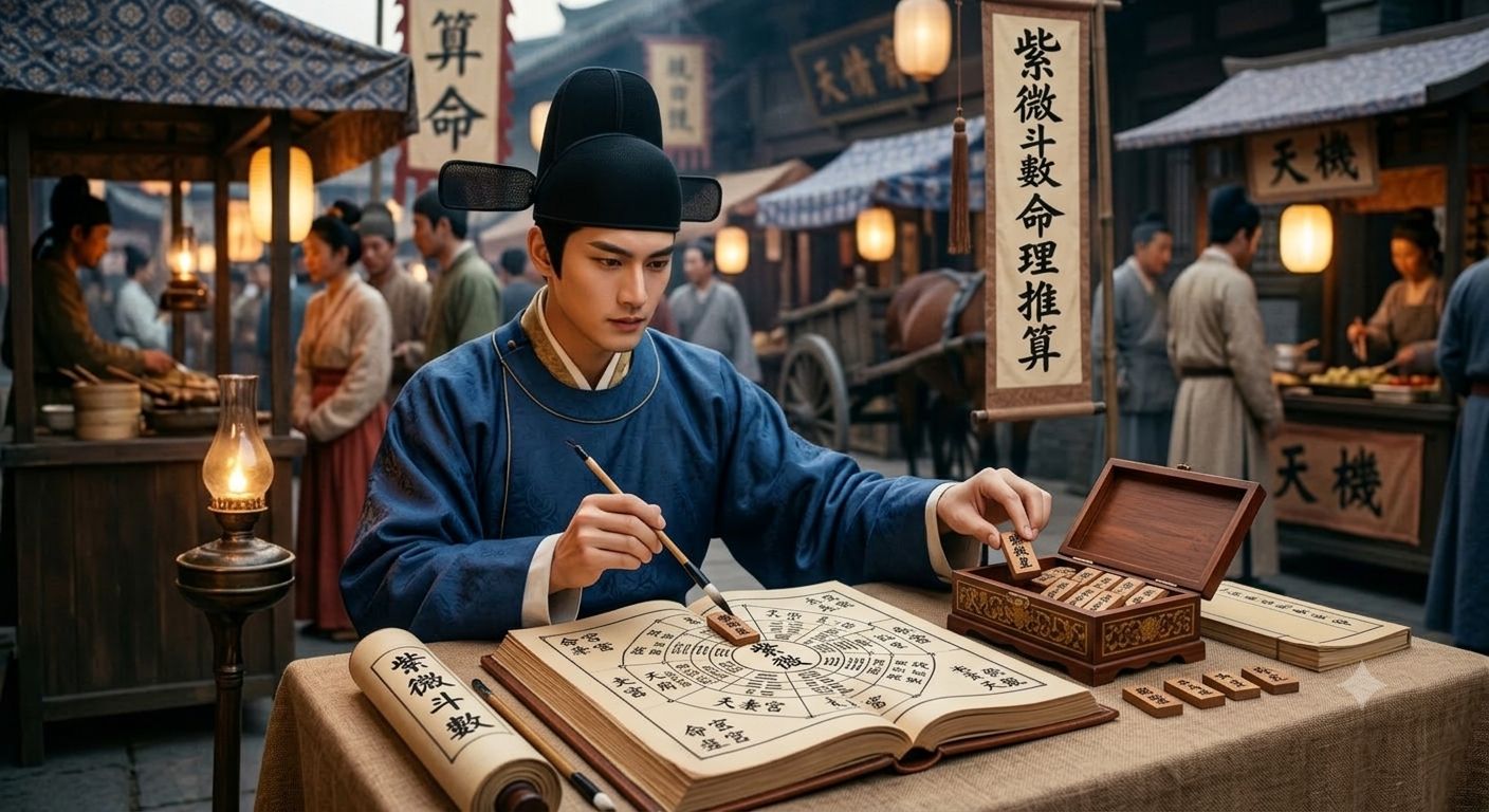 古街上，一位算命先生正在命盤書上推算紫微斗數
